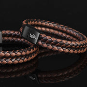 Braided Leather Bracelet with Gunmetal Clasp & Engraved Charm