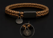 Braided Leather Bracelet with Gunmetal Clasp & Engraved Charm