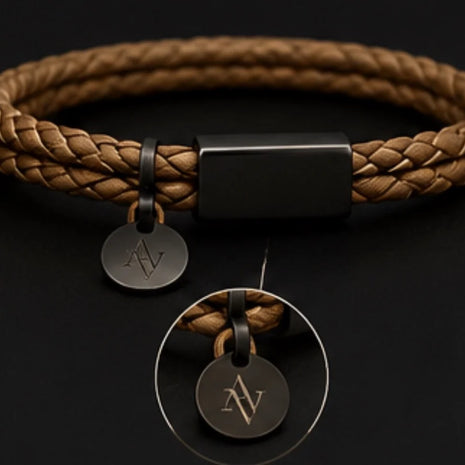 Braided Leather Bracelet with Gunmetal Clasp & Engraved Charm